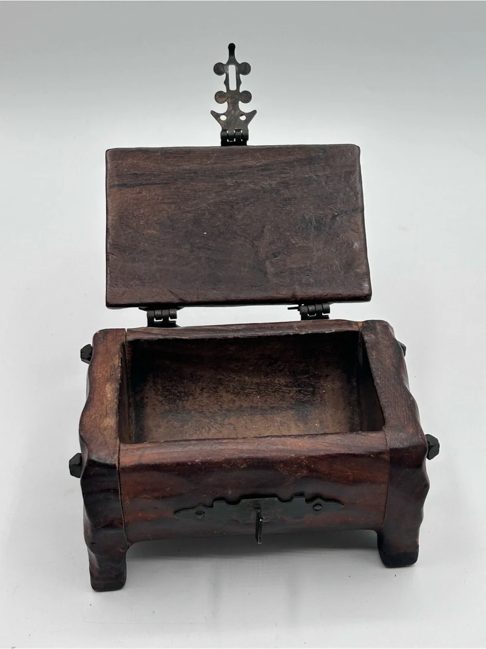Vintage Hand Carved Rustic Domed Wooden Treasure Chest Trinket Box Brutalist